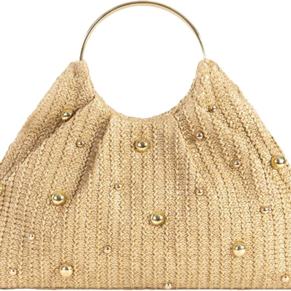 Versatile Chic Straw Handbag with Beaded Detail - Ideal for Elegant Events - Picture 1 of 7